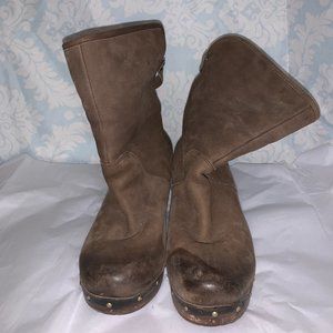 UGG Lynnea Leather Shearling Wood Clog Boots Size 8